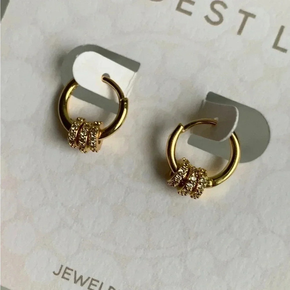 Gold Crystal Round Huggie Hoop Earrings Sterling Silver Brand New - Picture 4 of 4